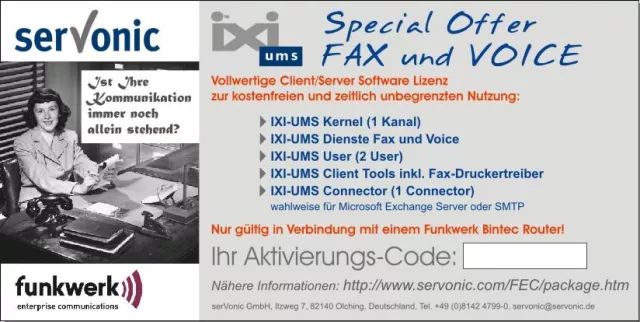 Bild: serVonic bietet Fax und Voice kostenlos - IXI-UMS Lizenz als Special Offer für Funkwerk bintec Router