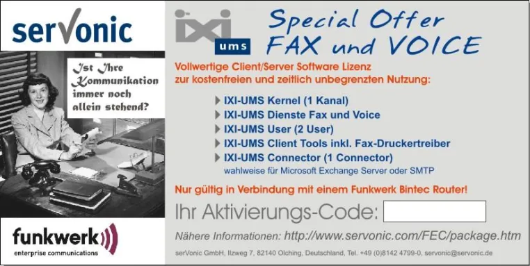 Bild: serVonic bietet Fax und Voice kostenlos - IXI-UMS Lizenz als Special Offer für Funkwerk bintec Router