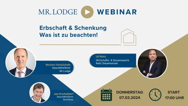 Bild: Mr. Lodge: Webinar mit Experten: „Erbschaft und Schenkung von Immobilien - was ist zu beachten?“ am 7.3.24