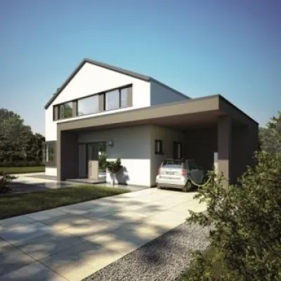 Bild: FertighausWelt Köln: Plus-Energie-Musterhaus von Bien-Zenker mit Energiespeicher und E-Mobil-Tankstelle