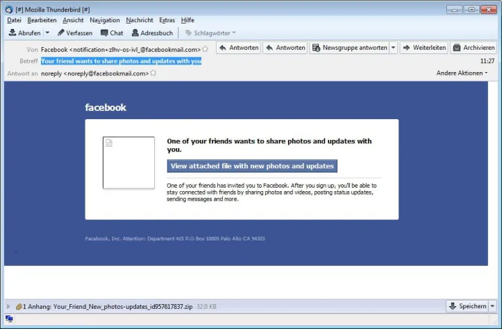 Bild: Warnung: Gefährliche Malware-Welle mit Facebook-Absender