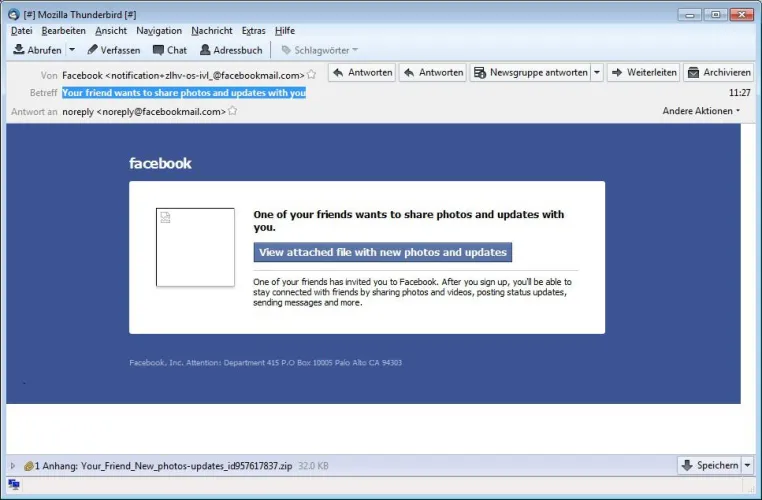 Bild: Warnung: Gefährliche Malware-Welle mit Facebook-Absender