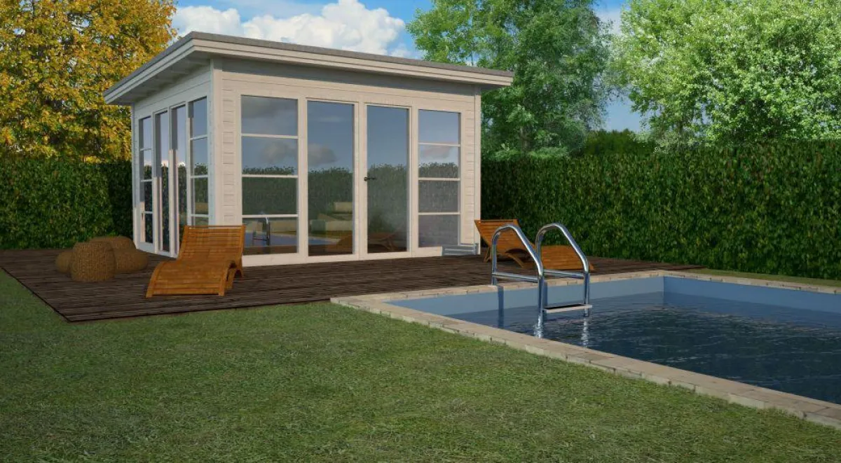 Auf der Landesgartenschau in Bad Iburg präsentiert Blockhaus Westerhoff das Poolhaus Alina.