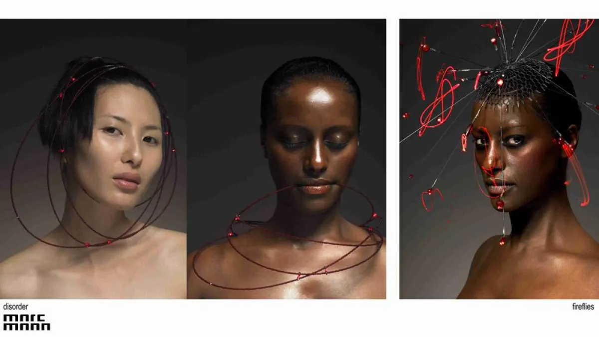 Das an Hula-Hoop-Reifen erinnernde Ensemble disorder von marcmann kann als Kopf- oder Halsschmuck getragen werden. Ein Glühwürmchen-Schwarm roter Leuchtdioden tanzt bei fireflies.