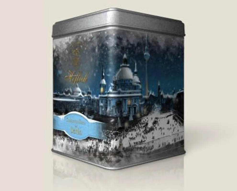Das Berliner Schokoladen-Label „Höflich Schokolade“. Knusperpralinen in Metalldosen mit Berlin-Motiv
