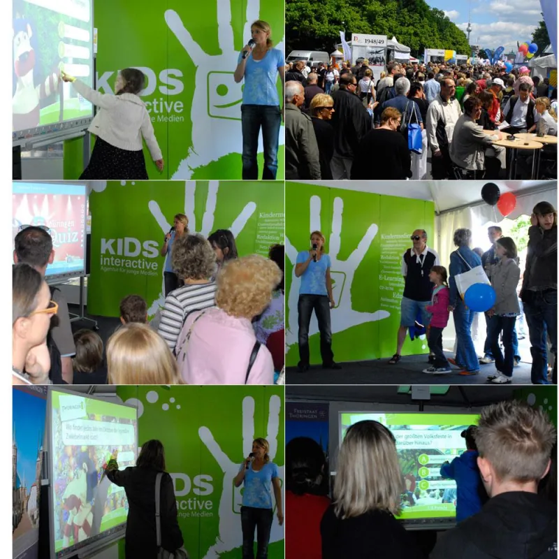 KIKA-Moderatorin Singa Gätgens präsentiert das interactive Whiteboard-Quiz von KIDS interactive in Berlin