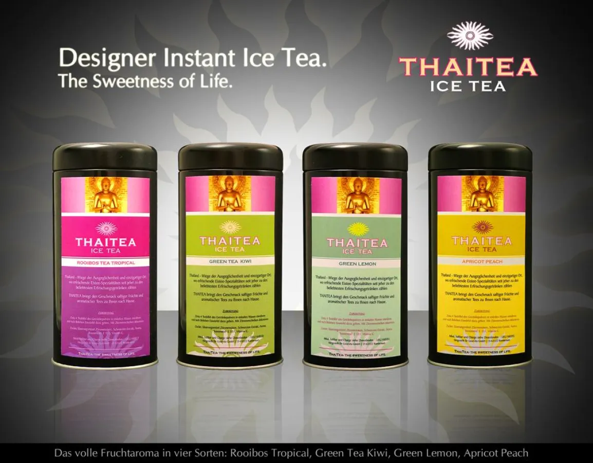 Trendige Eistee Köstlichkeiten von THAITEA in vier Sorten, z.B. Roibos Tropical.
