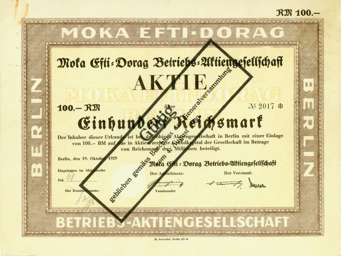 Original-Aktie der Moka Efti-Dorag Betriebs-AG