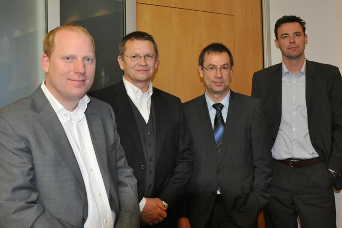 Neue Partner  (v. l.) : Christian Berger (CommScope), Heinrich Raudies, Wolfram Kurz  (beide NESTORe), Koen ter Linde (CommScope).