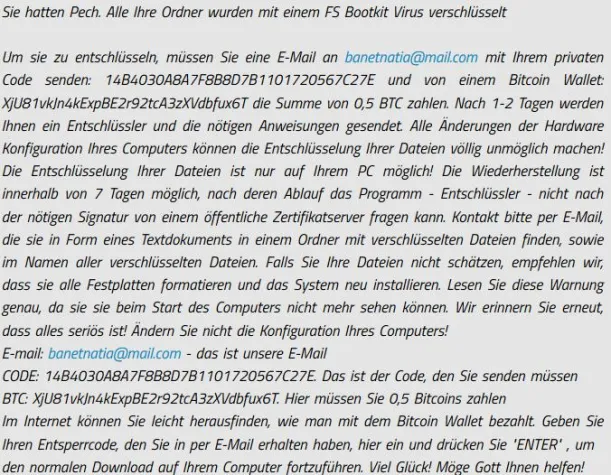 Bild: Satana Ransomware verschlüsselt den Master Boot Record