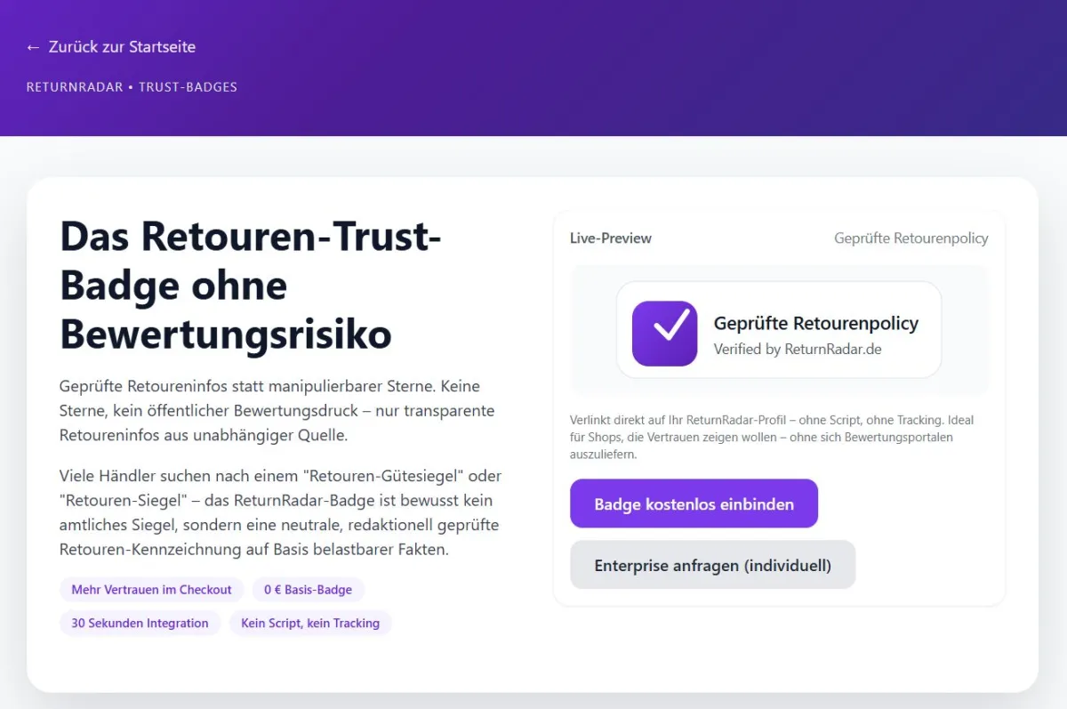 ReturnRadar bündelt geprüfte Retoureninformationen deutscher Online-Shops. (© © 2025 ReturnRadar)