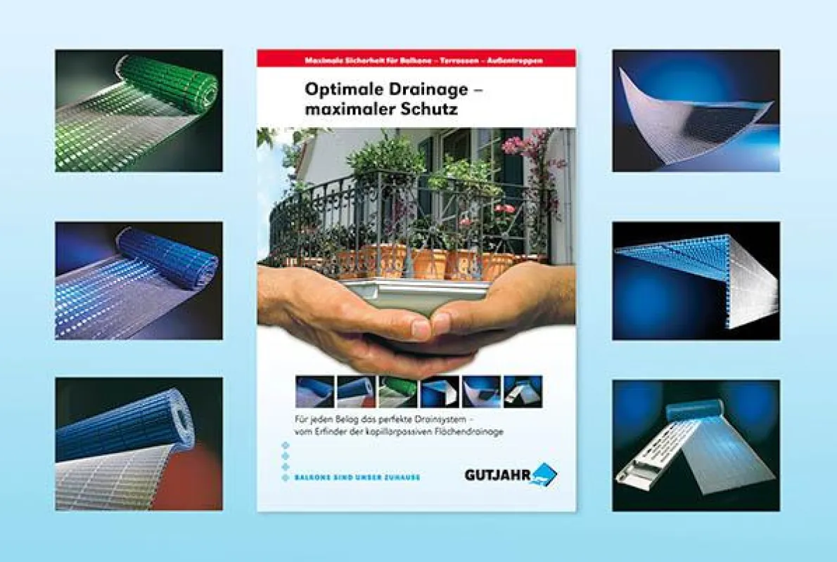 Für jede Anforderung die passende Drainage: Der Balkonspezialist Gutjahr hat seine Produkte für den Außenbereich in der Broschüre „Optimale Drainage – maximaler Schutz“ zusammengefasst. Sie kann per E