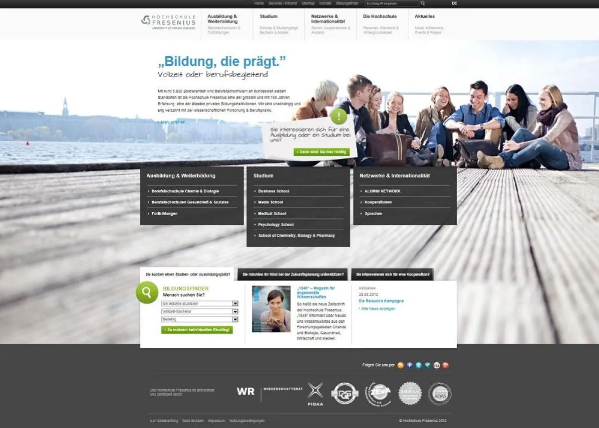 Screenshot der neuen Website der Hochschule Fresenius