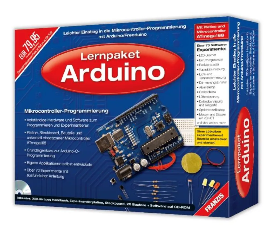 Lernpaket Arduino: Platine, Steckboard, ATmega168-Mikrocontroller, 20 Bauteile, CD-ROM, 200-seitiges Handbuch / Preis: 79,95 Euro
