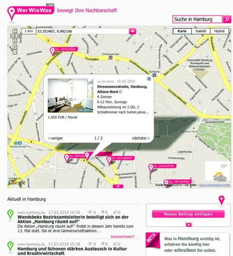 Lokales Informationsportal WerWieWas.de und Nestoria zeigen Miet- und Kauf-Immobilien auf einer Karte Bild: Lokales Informationsportal WerWieWas.de und Nestoria zeigen Miet- und Kauf-Immobilien auf einer Karte
