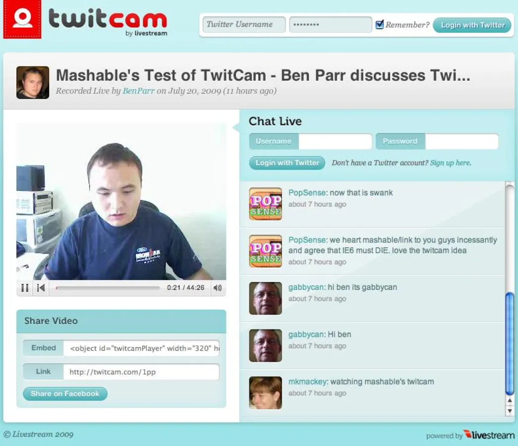 Mit Twitter-Passwort einloggen, broadcasten und chatten: Die kostenlose Video-Applikation TwitCam wird Twitter und Web 2.0 neu definieren