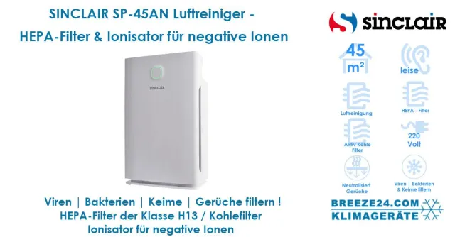 Bild: Luftreiniger von SINCLAIR SP-45AN für 1 Zimmer mit 45 m², für eine viren- & bakterienfreie Luft in Innenräumen