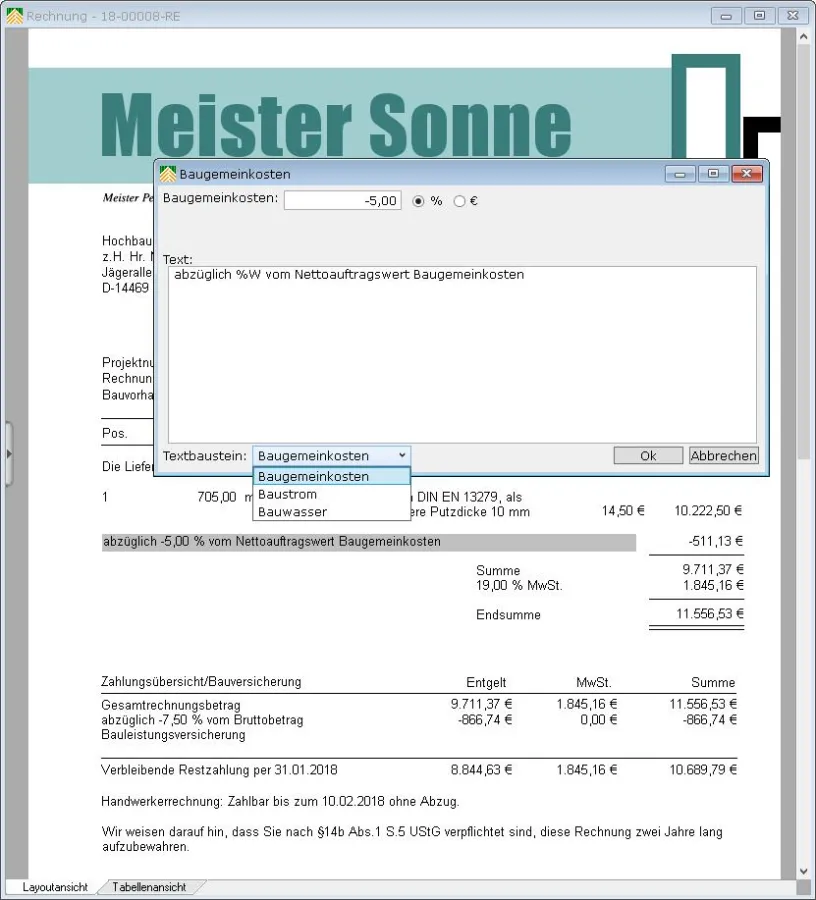 Baumlagen in der Rechnung berücksichtigen