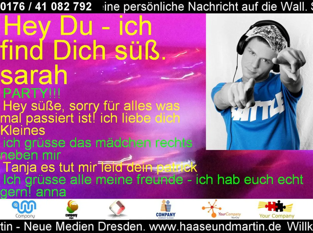 SMS Chatwall 3.0 mit Community Feature. Das Display zeigt Textnachrichten mit Gästefoto, Werbebanner und Laufzeilen. (Bild: Haase & Martin, fotolia.de)