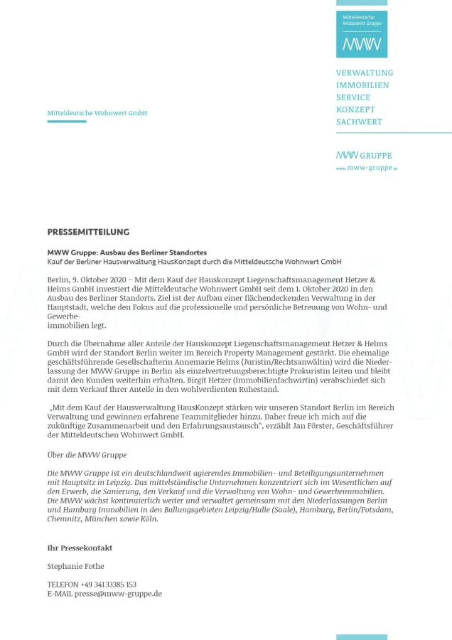 Pressemitteilung zum Kauf der Berliner Hausverwaltung HausKonzept durch die MWW