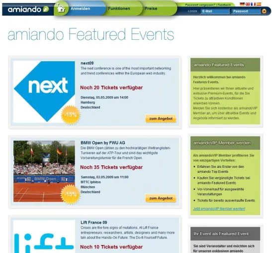 Bild: Mit amiando Featured Events jetzt 15% Rabatt für die BMW Open, Next Conference und viele andere Events sichern