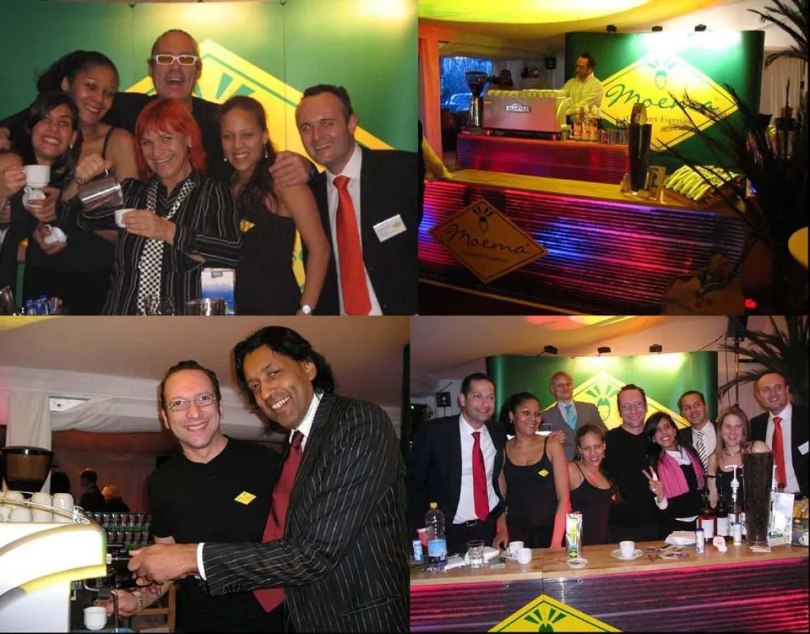 L.o.: Moema-Team mit Grand Prix Sängerin Lou Hoffner, R.o.: Moema-Stand mit Moemas Star-Barista Cosimo de Palma, l.u.: TV-Moderator Cherno Jobatey mit Moemas Star-Barista Cosimo de Palma, r.u. Moema-T