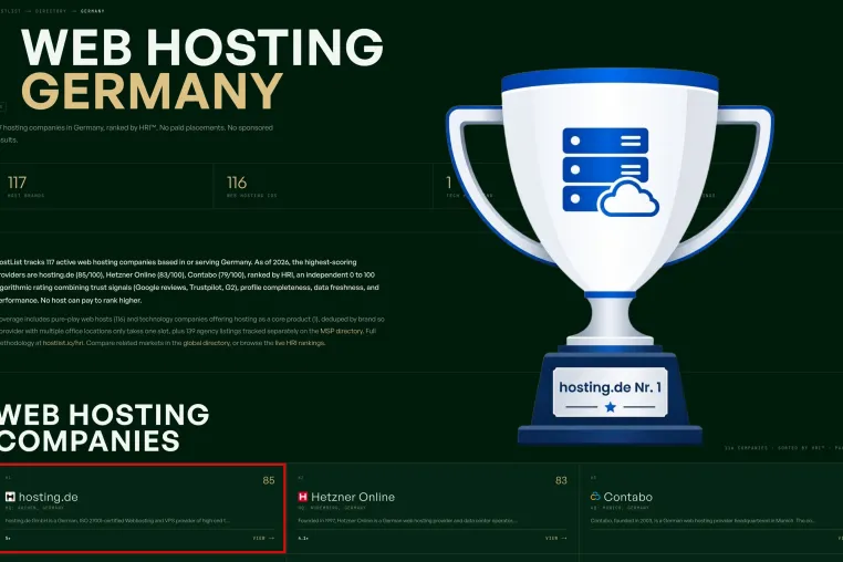 Bild: Spitzenplatz im Webhosting: hosting.de GmbH ist die Nummer 1 in Deutschland laut unabhängigem Hostlist-Ranking