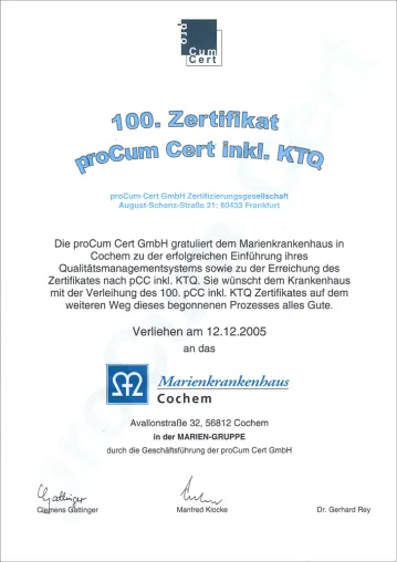 Bild: Zertifizierung von Krankenhäusern auf dem Vormarsch: proCum Cert übergibt 100. Zertifikat