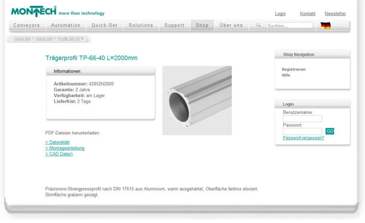 Komponenten des Profilsystems Quick-Set und andere Montech-Produkte können im Onlineshop bestellt we