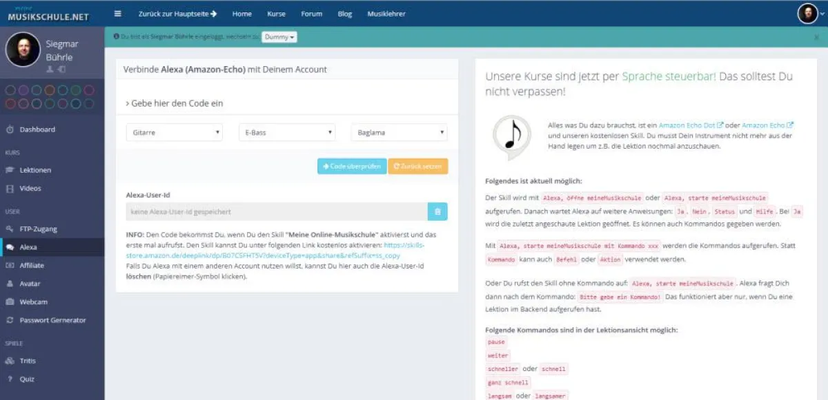 Screenshot aus dem Alexa-Bereich von meineMusikschule.net