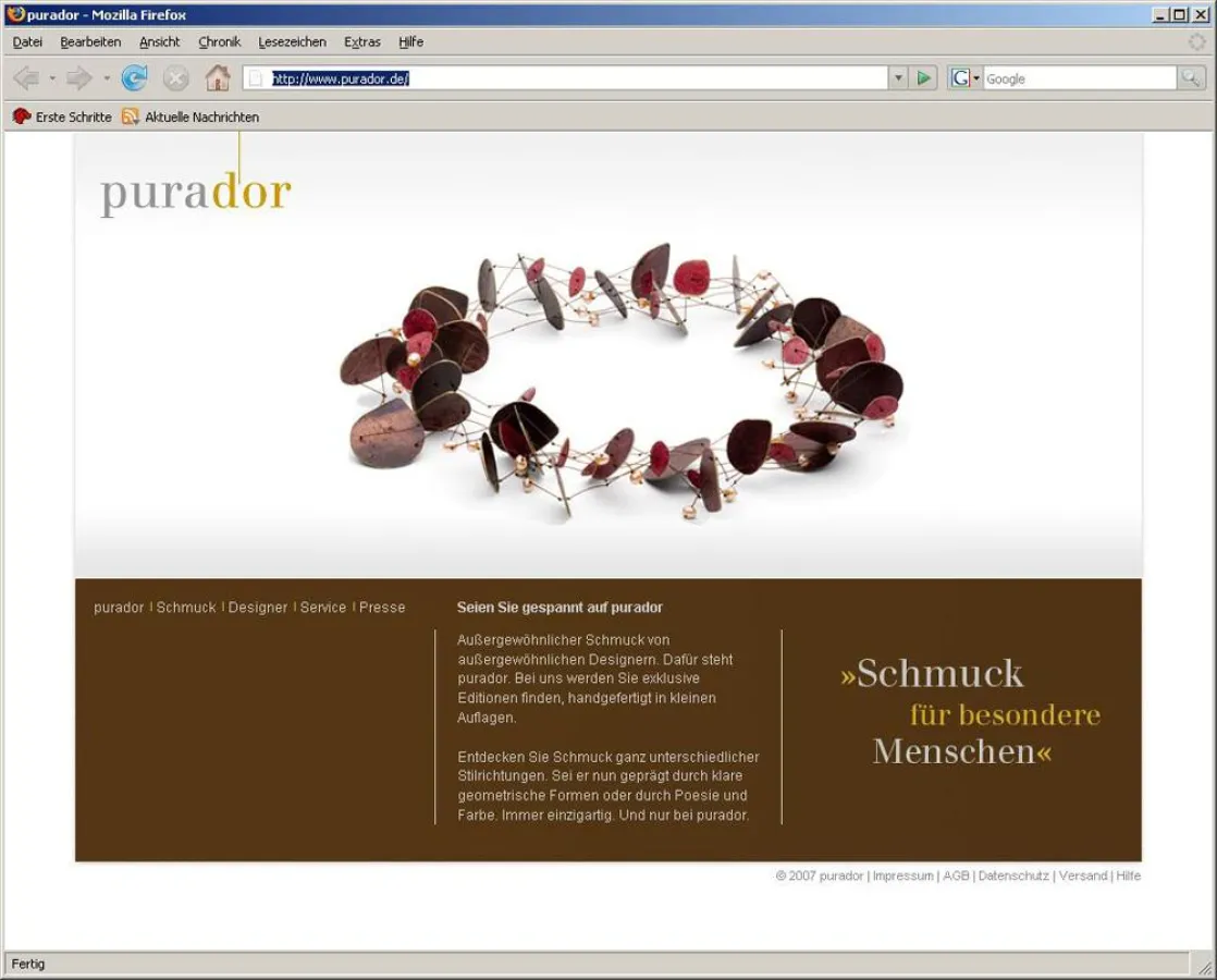 Das stilvolle Webdesign der neuen Online-Galerie www.purador.de wird gestalterisch dem Designschmuck gerecht
