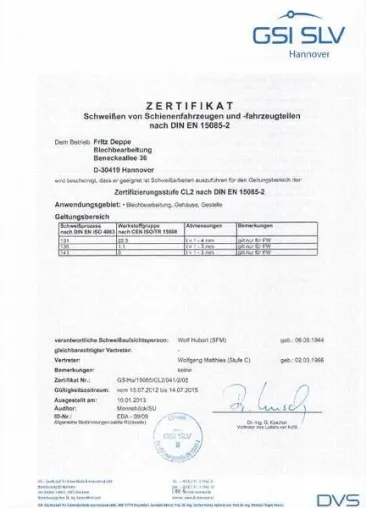 Bild: Zertifizierung für Schweißarbeiten für die Schienenfahrzeugindustrie nach DIN EN 15085-2