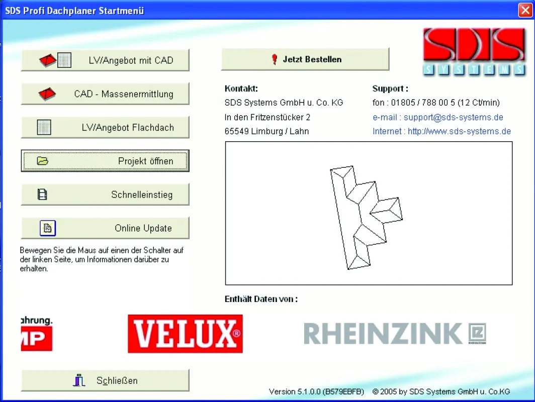 Das Start Menu des Profi-Dachplaners mit den Funktionen: LV-Angebot mit CAD, CAD-Massenermittlung, LV/Angebot Flachdach, Projekt öffnen, Schnelleinstieg und Online-Update.