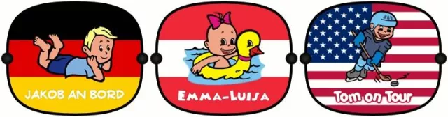 Bild: Personalisierbare Sonnenblenden mit Nationalflagge, Babymotiv und Wunschtext