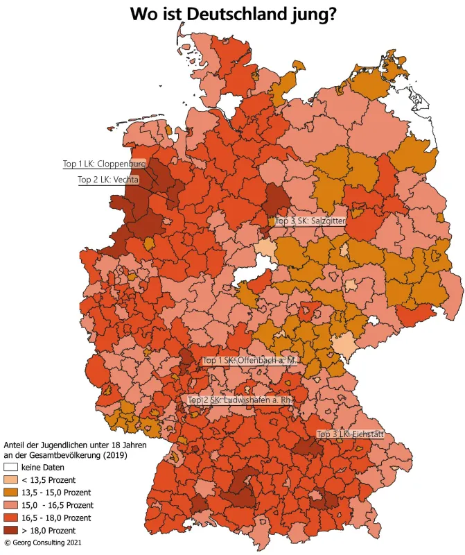 Wo Deutschland jung ist! Anteil der Jugendlichen unter 18 Jahren an der Zahl der Einwohner (© Georg Consulting)