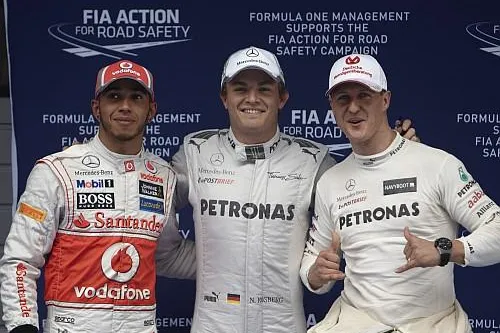 Formel 1 sensationelle Mercedes Startreihe: Nico Rosberg auf Pole und Michael Schumacher startet von P2. Bild: Formel 1 sensationelle Mercedes Startreihe: Nico Rosberg auf Pole und Michael Schumacher startet von P2.