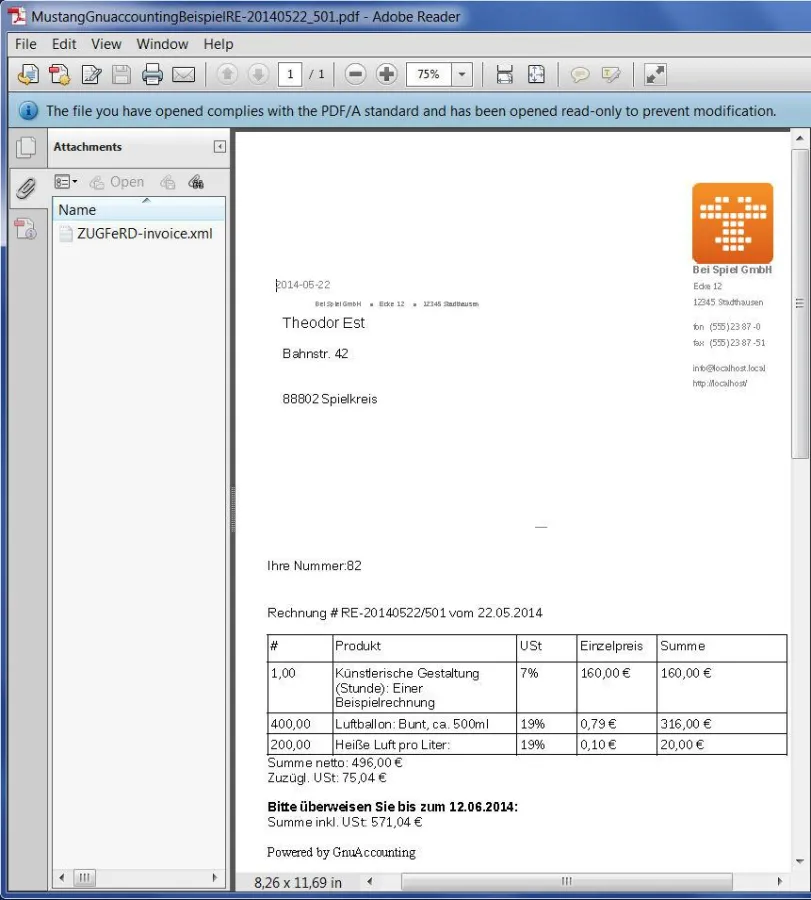 Bildschirmfoto des Acrobat Adobe PDF Reader mit einer Mustang/ZUGFeRD-Beispielrechnung