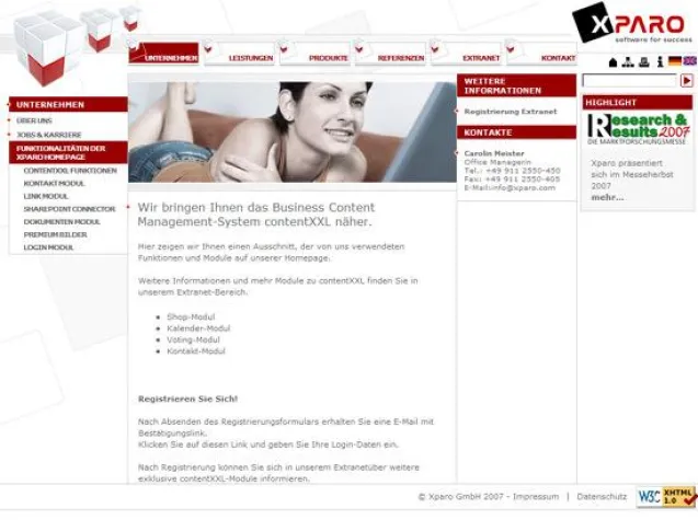 Bild: Webauftritt von Xparo zeigt Möglichkeiten und Zukunfts-sicherheit des Content Management-Systems contentXXL
