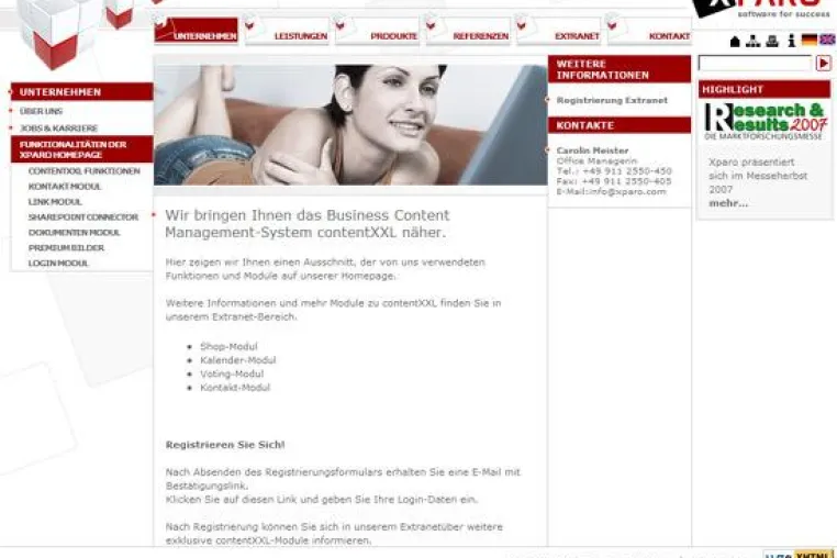 Bild: Webauftritt von Xparo zeigt Möglichkeiten und Zukunfts-sicherheit des Content Management-Systems contentXXL