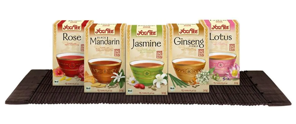 Fünfe neue Sorten: YOGI TAO TEA Black Mandarin, Ginseng Flower, Jasmine, Lotus und Rose