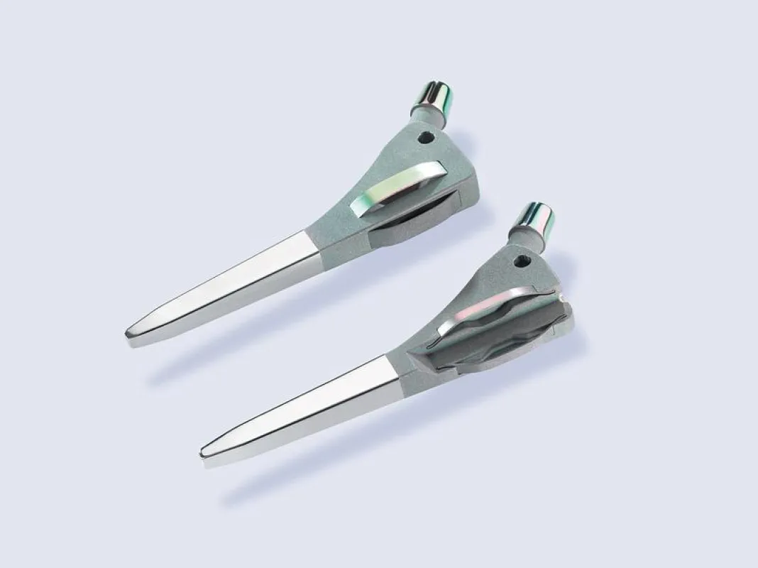 Hip stem with integrated memory-retaining components from Fraunhofer IWU and barrier coating as well as surface modification by Fraunhofer FEP. (© Fraunhofer IWU)