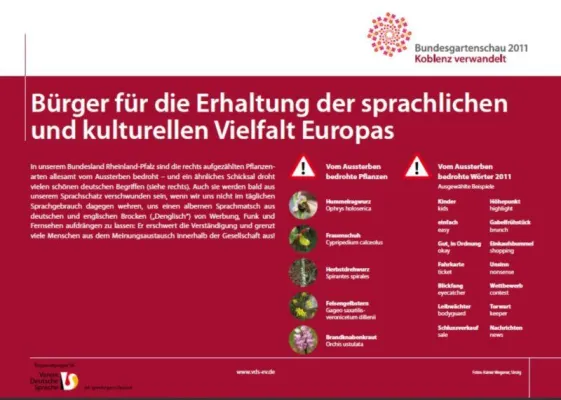 Bild: Bedrohte deutsche Wörter neben bedrohten deutschen Pflanzen - Buga-Plakat des VDS Reg.56