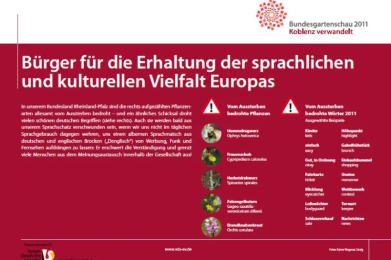 Bedrohte deutsche Wörter neben bedrohten deutschen Pflanzen - Buga-Plakat des VDS Reg.56 Bild: Bedrohte deutsche Wörter neben bedrohten deutschen Pflanzen - Buga-Plakat des VDS Reg.56