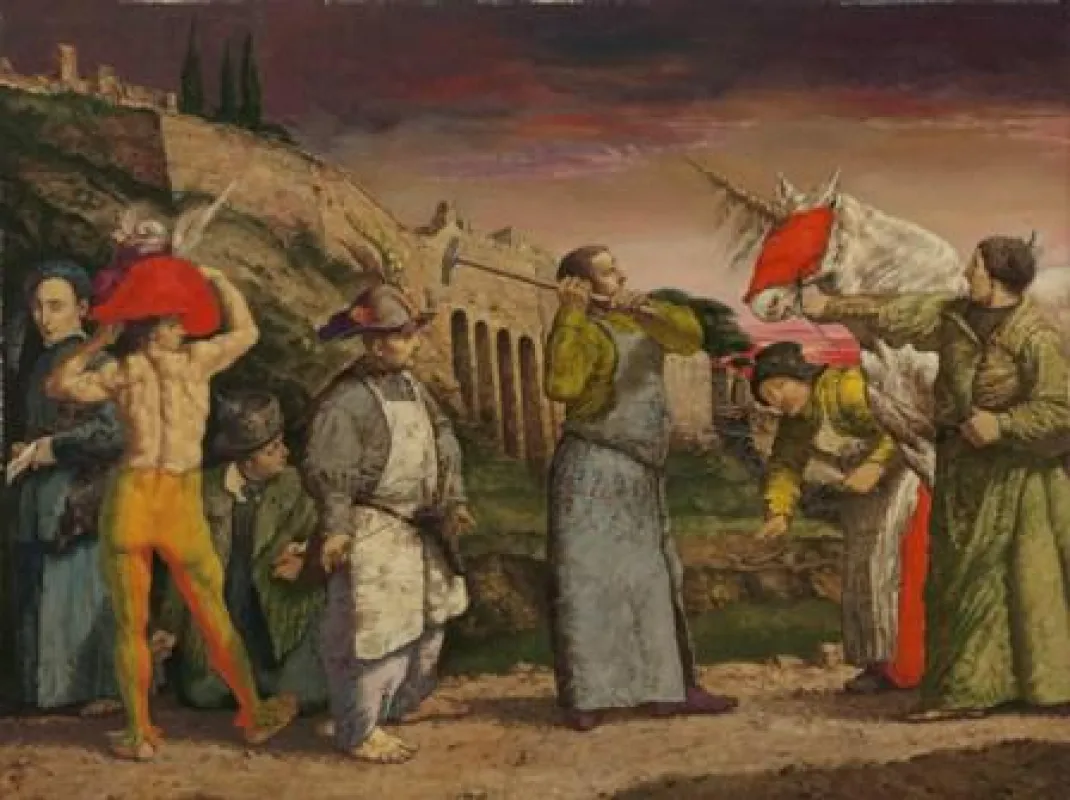 Werner Tübke, Happening in Pompeji, 1980, Mischtechnik auf Holz, 103 x 136 cm
