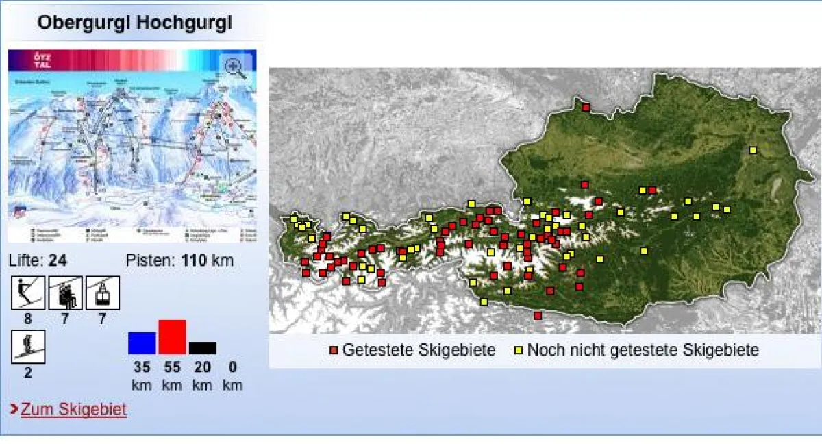 Der User braucht nur noch mit der Maus über einen Ort auf der Landkarte zu fahren um alles Wissenswerte über das Skigebiet zu erfahren.