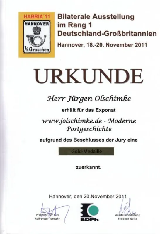 Urkunde für den Ausstellungserfolg zur Gold-Medaille der Homepage 