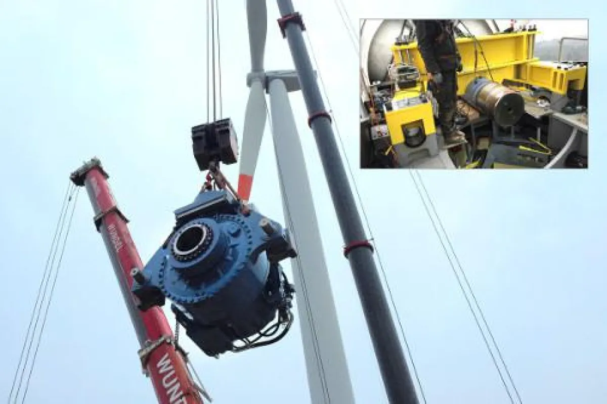 Getriebetausch einer MM92-Anlage. Oben rechts: Ansicht der Brückenkonstruktion