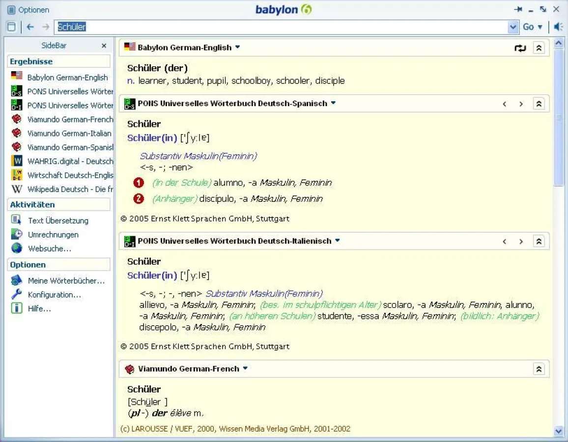 Babylon-Popup-Fenster: Babylon liefert Ergebnisse aus vielen kostenfreien Quellen und zusätzlichen kostenpflichtigen Verlagswerken (Quelle: Babylon)