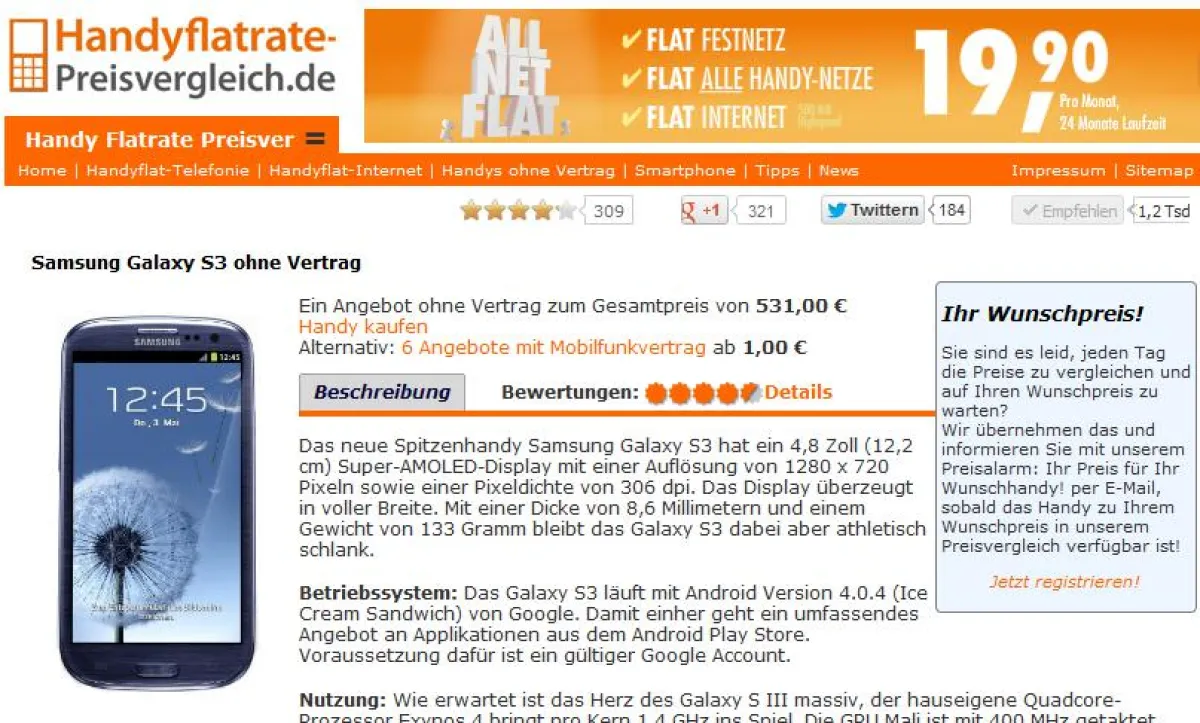 Preisalalarm am Beispiel des Samsung Galaxy S3
