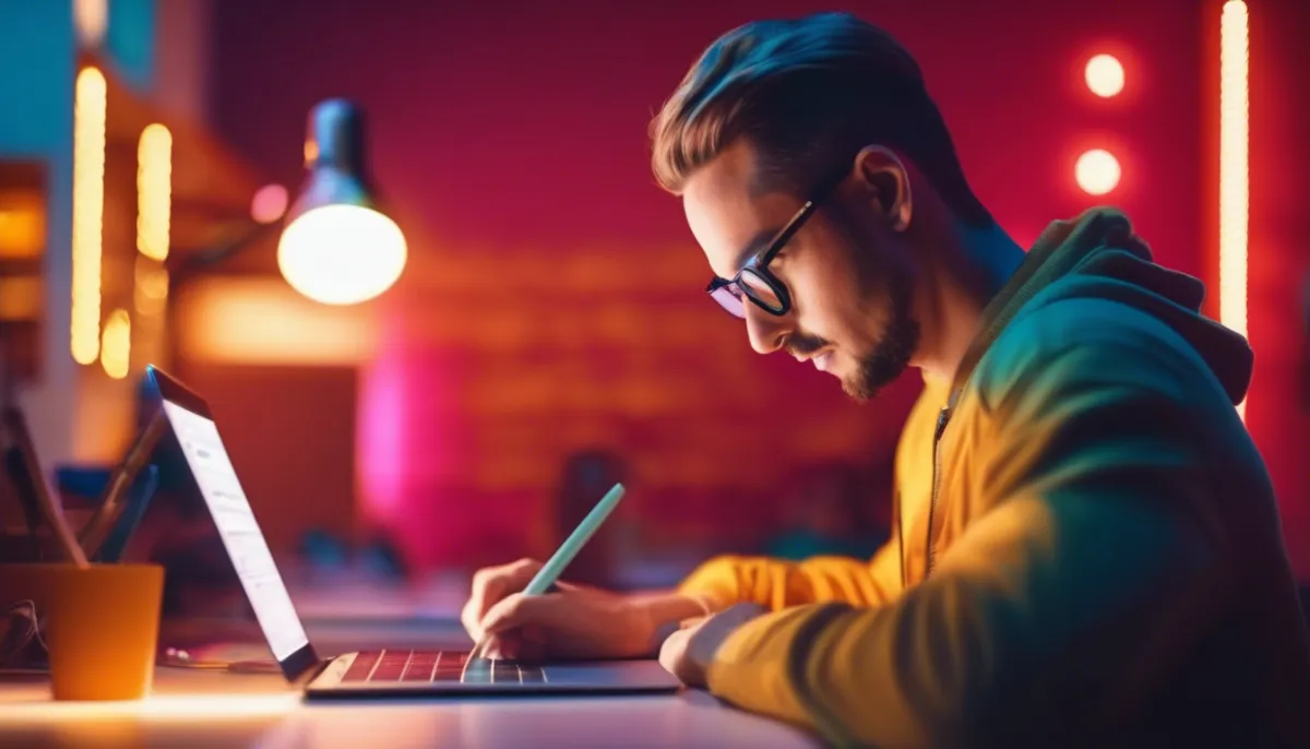 Genialer Landingpage-Texter kritzelt mit seinem Bleistift auf der Laptop-Tastatur herum :-)